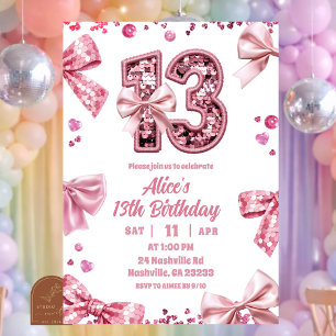 Sequins Pink Bow 13 Girl Birthday Invitation