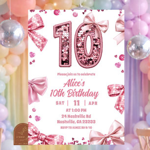 Sequins Pink Bow Double Digits 10 Girl Birthday Invitation