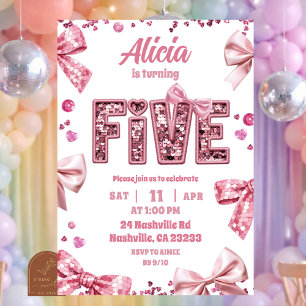 Sequins Pink Bow FIVE Girl Birthday Invitation
