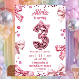 Sequins Pink Bow Three Girl Birthday Invitation