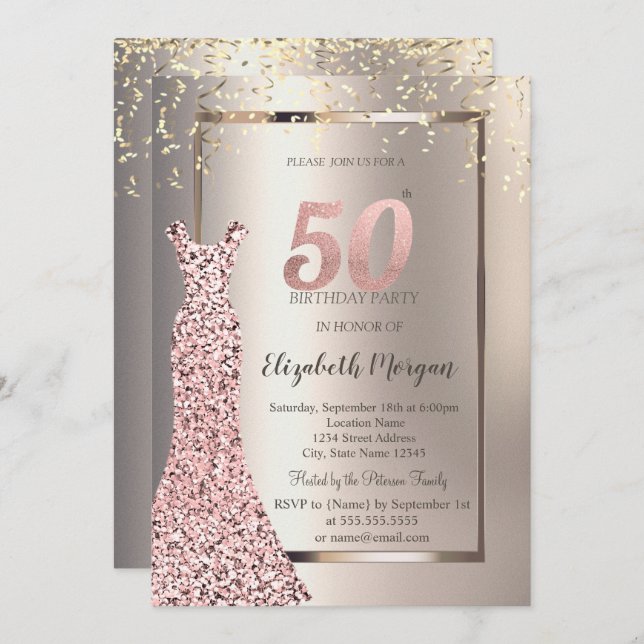 Sequins Rose Gold Dress Ivory 50th Birthday Invitation (Front/Back)