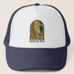 Sequoia National Park Giant Sequoia Trees  Trucker Hat<br><div class="desc">Sequoia vector artwork in a window style design. The park contains the highest point in the contiguous United States,  Mount Whitney,  and is south of Kings Canyon National Park.</div>
