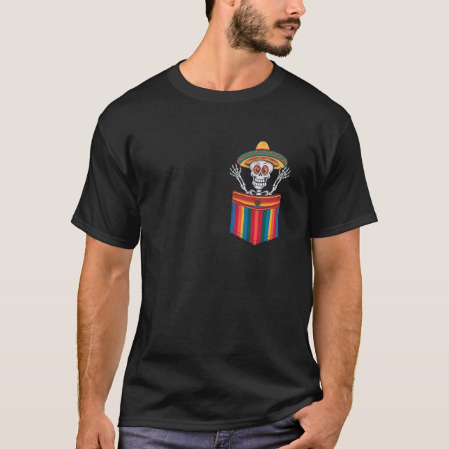 Serape Skeleton Mariachi Pocket Cinco De Mayo Mexi T-Shirt (Front)