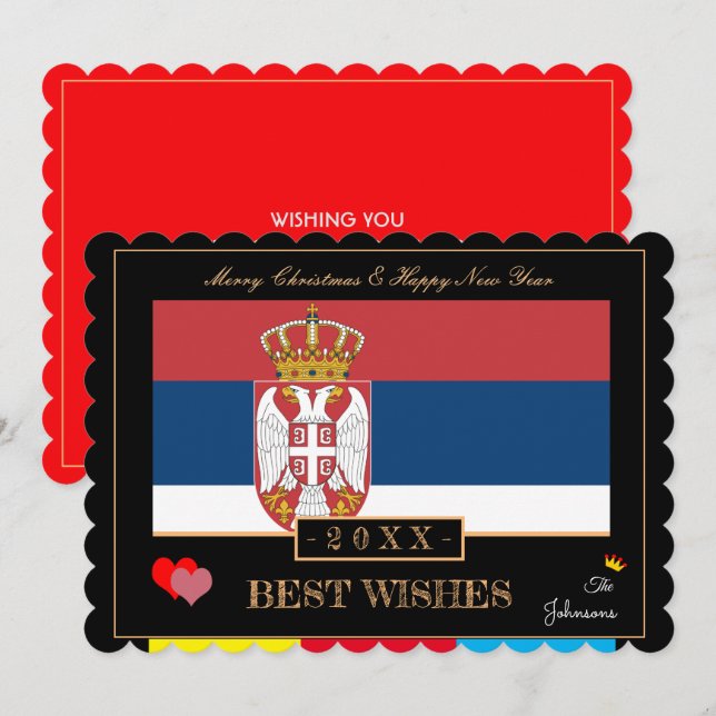 Serbian Flag & Happy New Year/Best Wishes Serbia Holiday Card (Front/Back)