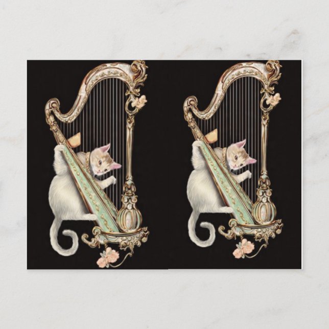 Serenade in Gold – Cat & Harp Postcard (Front)