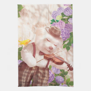 Serenade in Nature: Smiling Bichon Playing Violin Tea Towel