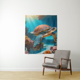Serene 3D Sea Turtle in Ocean -Tranquil Marine Lif Tapestry