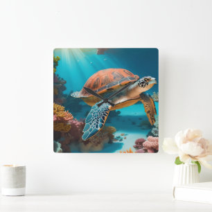 Serene 3D Sea Turtle in Ocean Tranquil Marine Life Square Wall Clock
