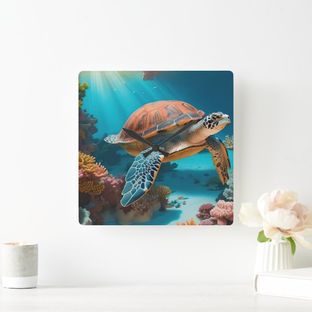 Serene 3D Sea Turtle in Ocean Tranquil Marine Life Square Wall Clock (Home)