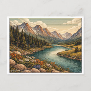 Serene Alpine River Valley Vintage Landscape Holiday Postcard