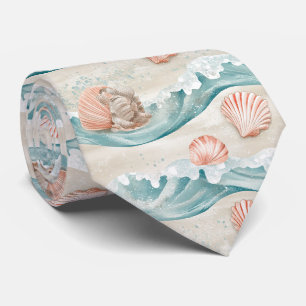 Serene Aqua Waves with Coral & Starfish Motif Tie