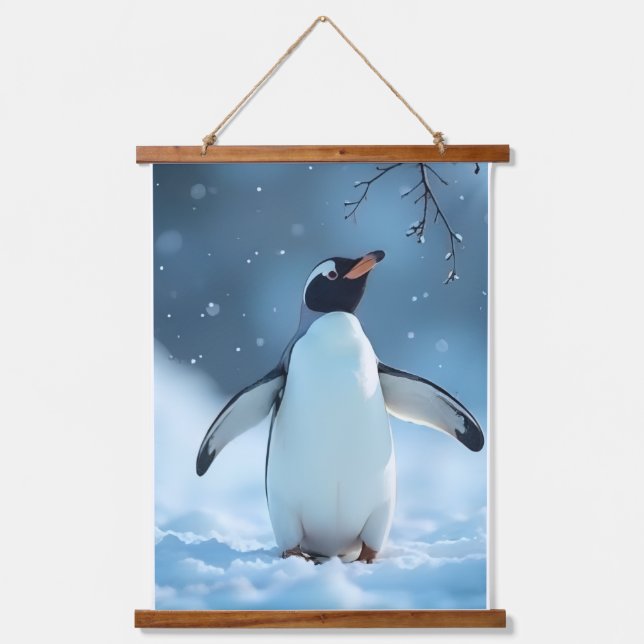 Serene Arctic Penguin Snow Scene Hanging Tapestry (Front)