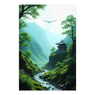 Serene Asian Mountain Valley with Pagoda and Bird Photo Print