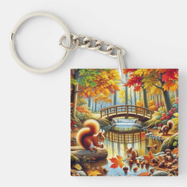 Serene Autumn Forest Scene Painting Key Ring (Front)