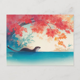 Serene Autumn Otter Crimson Maple Postcard