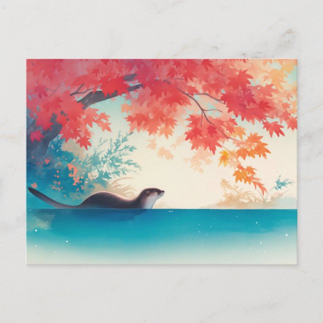Serene Autumn Otter Crimson Maple Postcard (Front)