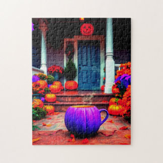 Serene Autumn Scene with Purple Pumpkin Coffee Jigsaw Puzzle