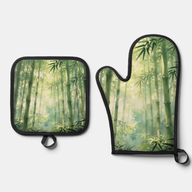 Serene Bamboo Forest Mist Glow Oven Mitt & Pot Holder Set (Front)
