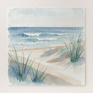 Serene Beach Dunes Ocean Watercolor Coastal Jigsaw Puzzle