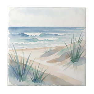 Serene Beach Dunes Ocean Watercolor Coastal Tile