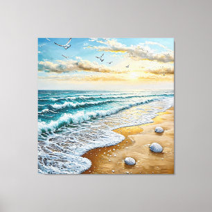 Serene Beachscape With Waves, Seashells Canvas Print