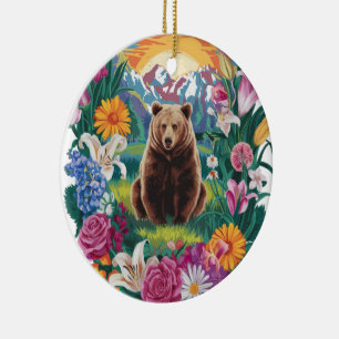 Serene bear surrounded by flowers art ceramic tree decoration