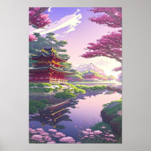 Serene Beauty, Japanese Temple by the Calm River Poster