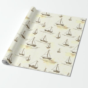 Serene Beige Sailing Boats on Sea Pattern Wrapping Paper