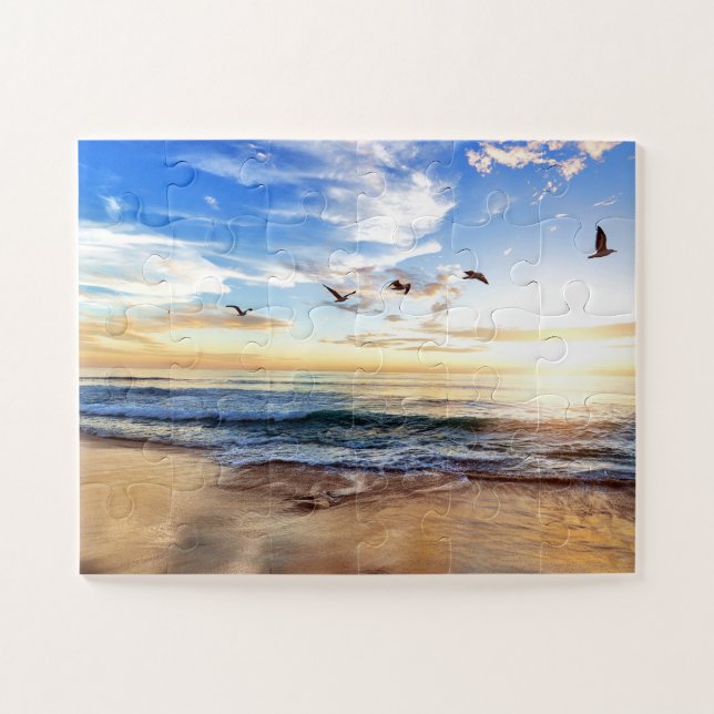 Serene Birds Blue Sky Golden Ocean Sunrise Puzzle (Horizontal)