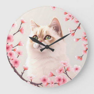 Serene Birman Cat Portrait With Cherry Blossoms Large Clock