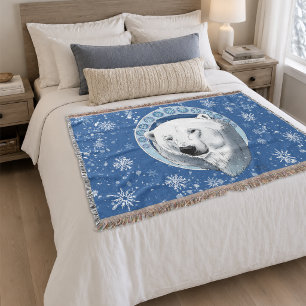 Serene Blue Art Nouveau Polar Bear Snowflakes Throw Blanket