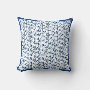 Serene Blue Bird on delicate bamboo stalks Cushion
