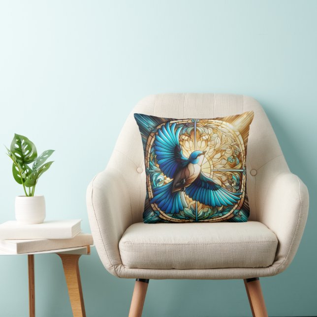 Serene Blue Bird Perched on Stained Glass Cushion (Chair)