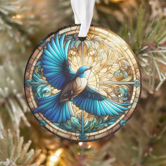Serene Blue Bird Perched on Stained Glass Ornament (Tree)