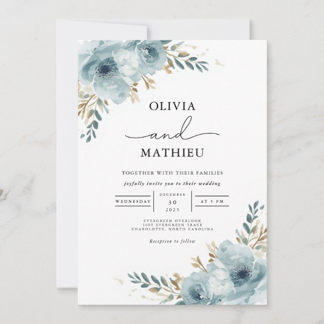 Serene Blue Botanical Floral Wedding Invitation (Front)