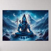 Serene Blue Cosmic Artwork Lord Shiva Meditation 