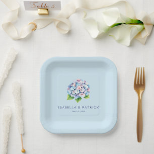 Serene Blue Floral Hydrangea Bouquet Paper Plate