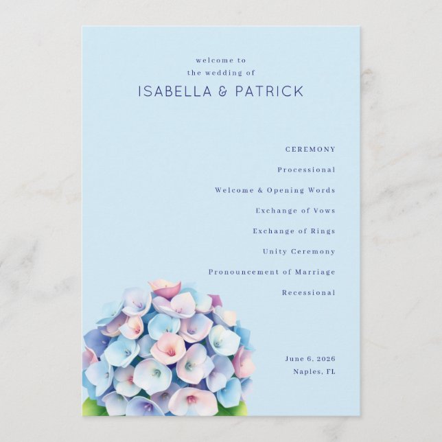 Serene Blue Floral Wedding Ceremony Programme (Front)
