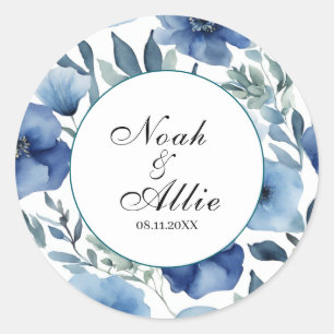 Serene Blue Floral Wedding Invitations Classic Round Sticker