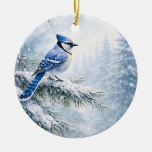 "Serene Blue Jay in Winter Snow Watercolor - Folde Ceramic Tree Decoration