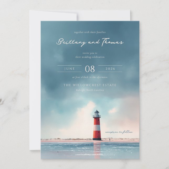Serene Blue Lighthouse Beach Invitation (Front)