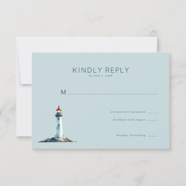 Serene Blue Lighthouse RSVP Card (Front)