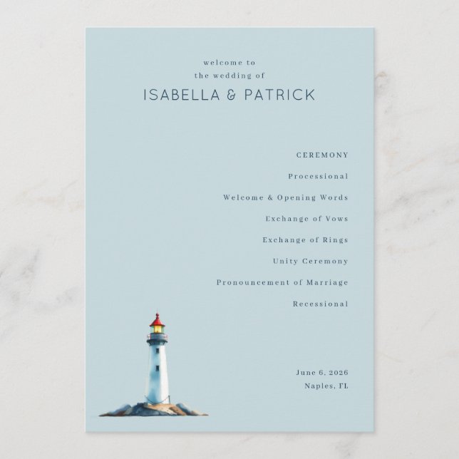 Serene Blue Lighthouse Wedding Ceremony Programme (Front)
