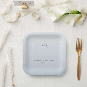 Serene Blue Minimalist Initials Paper Plate