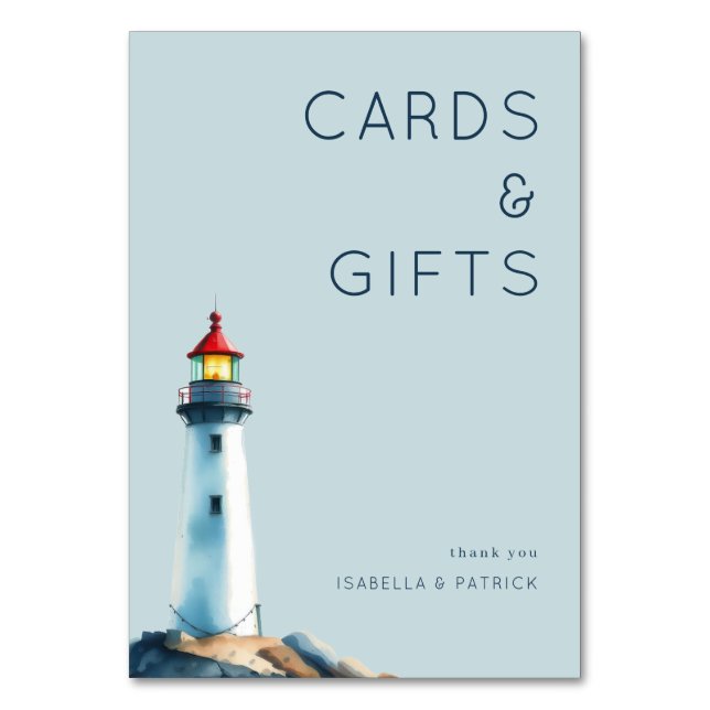 Serene Blue Minimalist Lighthouse Table Number (Front)