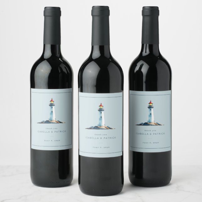 Serene Blue Minimalist Lighthouse Wine Label (Bottles)