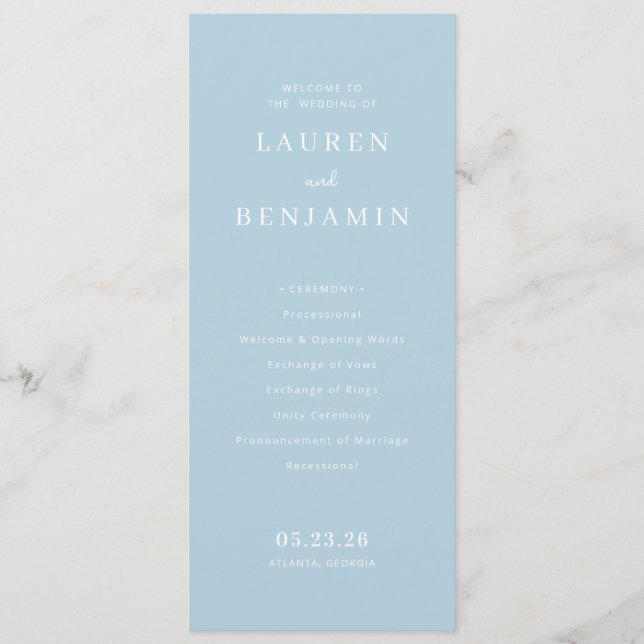 Serene Blue Minimalist Wedding Ceremony Programme (Front)