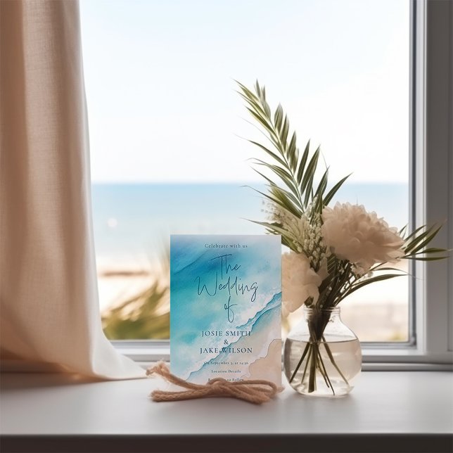Serene Blue Ocean Beach watercolor wedding Invitation (Captivating watercolor blue ocean and white sand beach wedding invitation. )