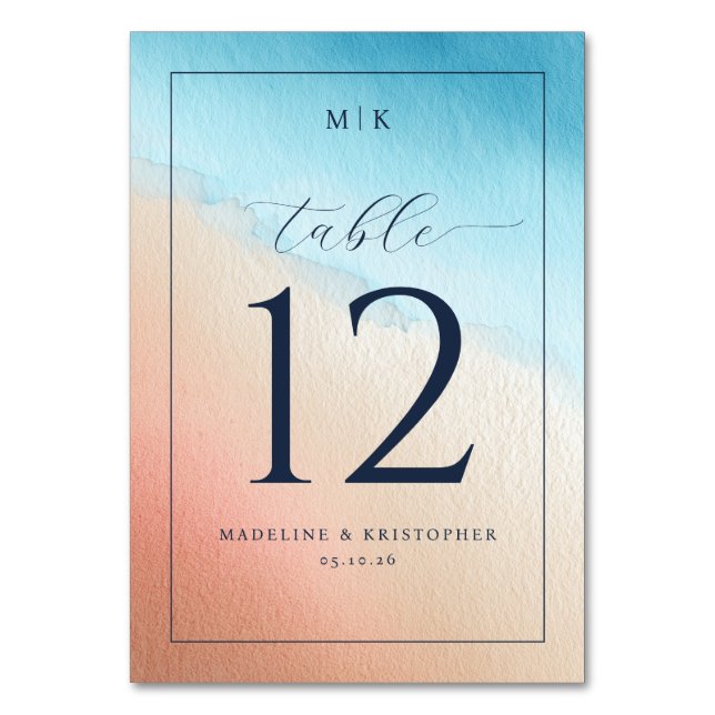Serene Blue Peach Watercolor Table Number (Front)