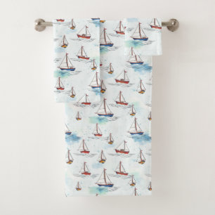 Serene Blue Red Sailing Boats on Sea Pattern Bath Towel Set